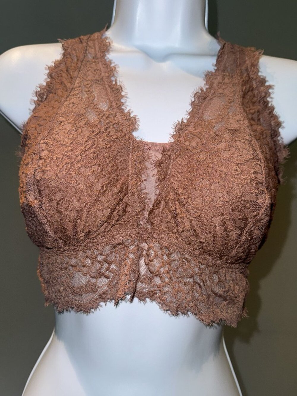 Aerie Eyelash Lace Plunge Longline Bralette Cocoa Brown M/L DD Racerback